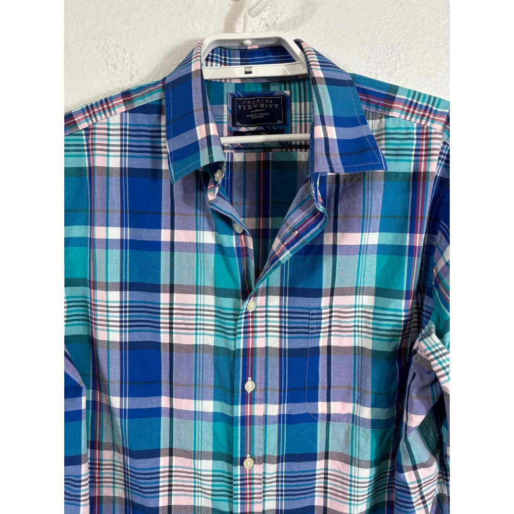Charles Tyrwhitt Plaid Button Up‎ Shirt Slim Fit Poplin Weave XL